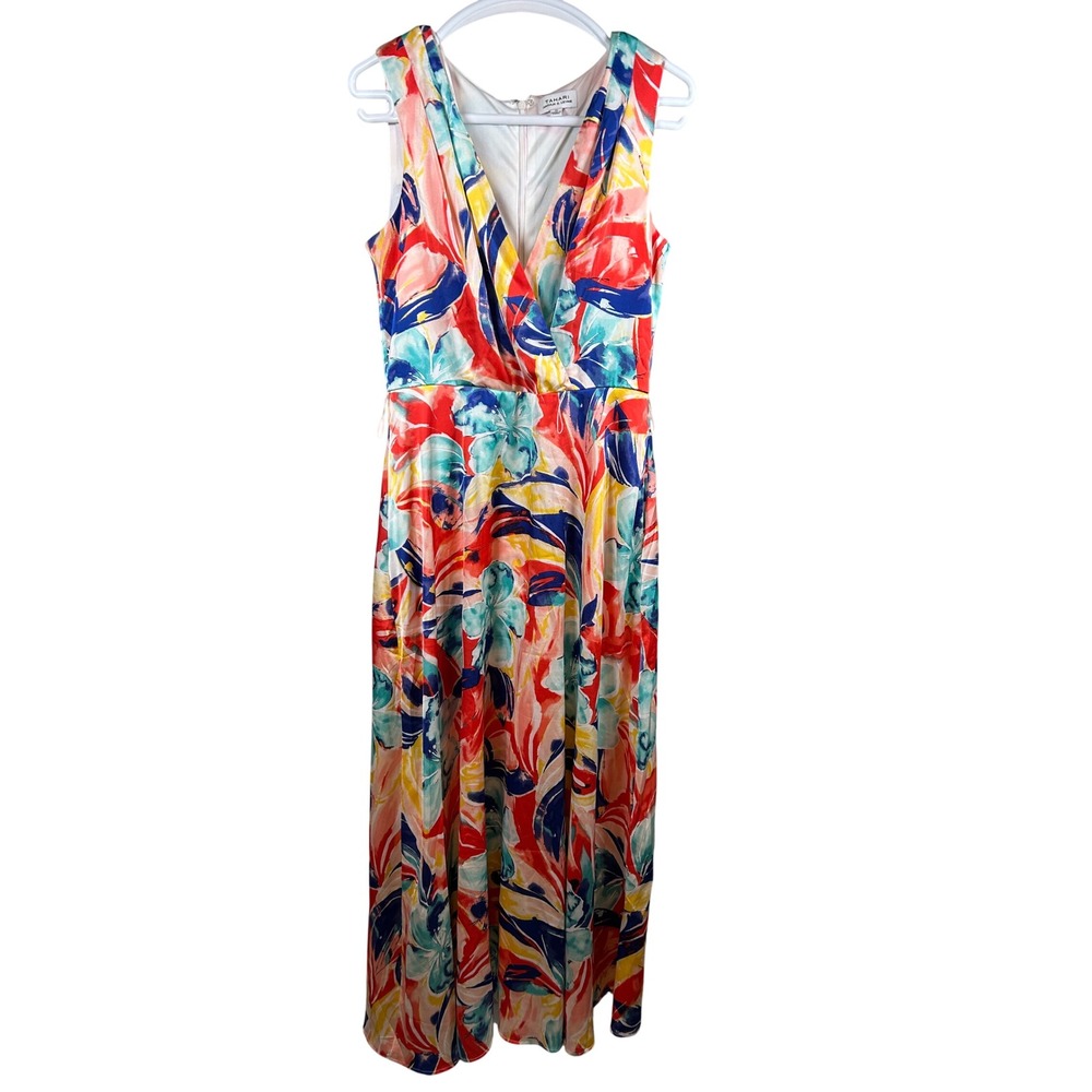 Tahari Maxi Dress Women's 10 Multicolor Floral V-Neck Sleeveless Surplice‎ Long